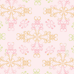Elegant Pastel Floral and Butterfly Seamless Pattern with Symmetrical Motifs on Soft Beige Background – Ideal for Textile, Wallpaper, and Decorative Design Projects