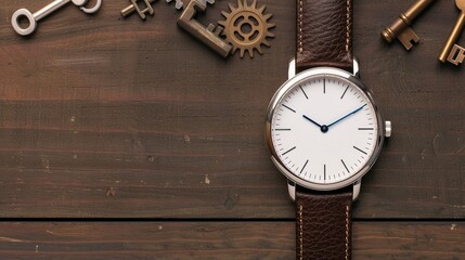 Product photography of a luxury wristwatch on a dark wooden table with elegant aesthetic appeal