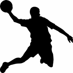 Silhouette of a handball player in mid air throwing the ball
