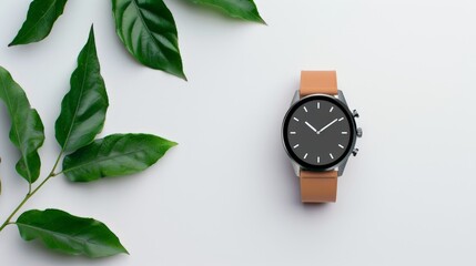 Product photography of a smartwatch on a clean white surface surrounded by green plant elements