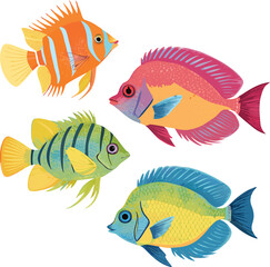 Bright tropical fish collection with neon fins, flat fill, white background