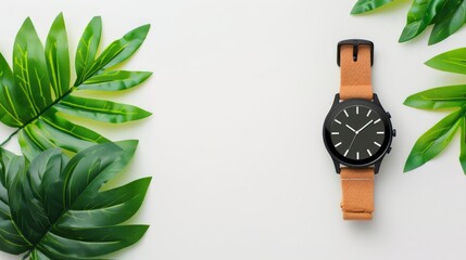 Elegant smartwatch resting on a clean white surface surrounded by fresh green leaves in nature
