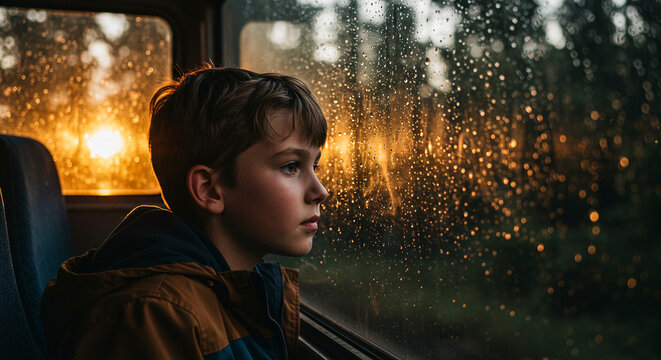 Boy travel rain window child bus journey sad thoughtful childhood reflection transportation weather