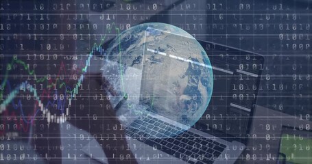 woman using smartphone at laptop initiating binary globe overlay and analyzing finance charts - Powered by Adobe