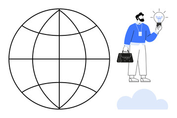Business professional holding lightbulb next to global grid. Ideal for innovation, global thinking, leadership, problem-solving, business growth, creativity, entrepreneurship. Simple flat metaphor
