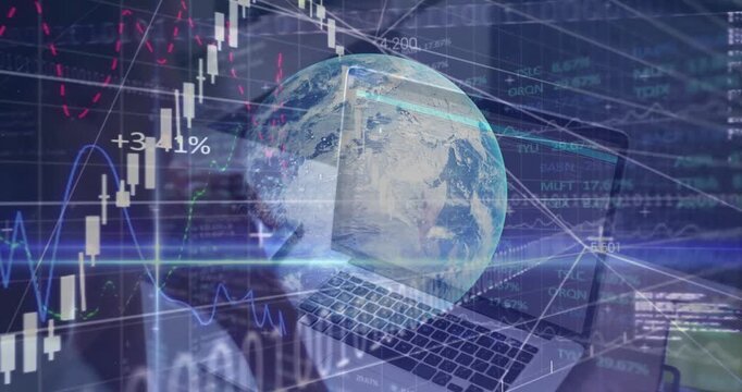 Mid adult woman typing keys causing globe appearing, analyzing market chart changes, code scrolling - Powered by Adobe