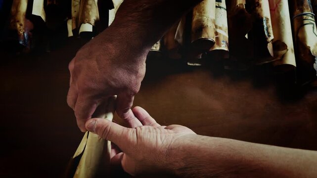 Man Opens Ancient Scroll Parchment with Pentagram Symbol