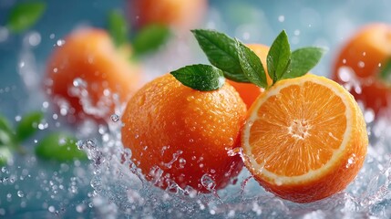 Macro Shot of Ripe Oranges with Water Droplets and Green Leaves on a Soft Blue Background