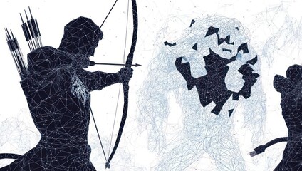 Powerful archer facing digital beast with bow and arrow, rendered in a modern geometric style, perfect for fantasy game concept art or tech branding