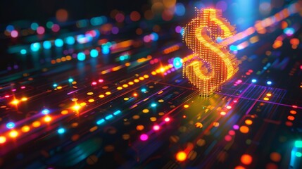 Futuristic digital circuit featuring a glowing dollar sign representing financial technology concepts