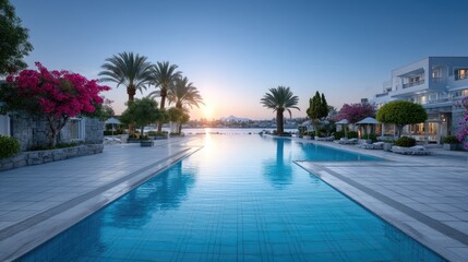 Fototapeta premium Luxury Resort Swimming Pool at Sunset with Palm Trees and Reflections on Calm Water