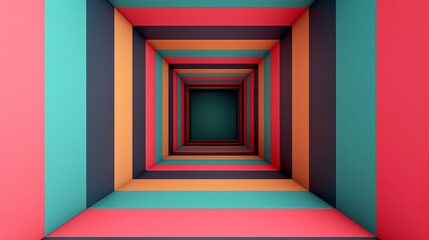 Vibrant and colorful hallway with abstract geometric patterns and dynamic 3d design elements