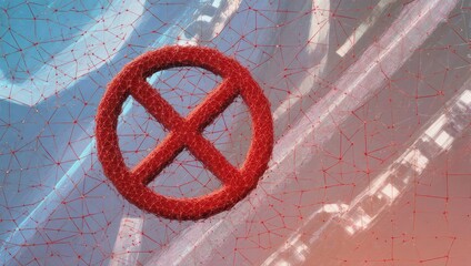 Red prohibition symbol with interconnected network showing restriction and denial, perfect for illustrating blocking or censorship in technology and digital spaces