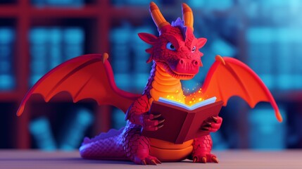 Fascinating dragon enthralled by a book in a mystical fantasy scene full of colorful wonders