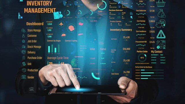 Inventory management dashboard showing supply chain performance, stock levels, order cycle times, cost reduction, and procurement ROI. Inventory tracking, and streamline warehouse efficiency. Thunk
