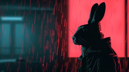 A determined rabbit in a trench coat braving the rain in a classic noir detective atmosphere