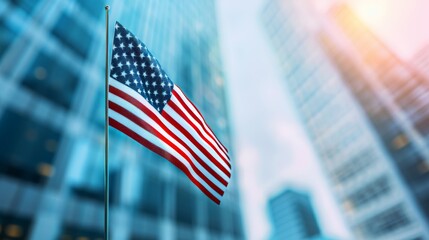A majestic american flag flying proudly in the wind against a backdrop of an urban cityscape