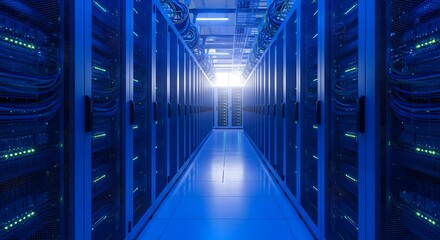 Server Room: A modern data center's server room is illuminated in cool, technological blues, showcasing its organized infrastructure and advanced hardware.