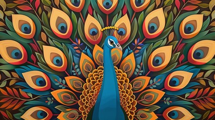 A colorful peacock standing out against a richly textured background in an art nouveau style