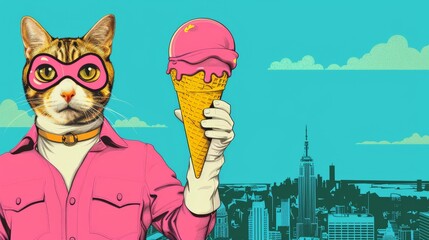 A cute cat dressed in a pink shirt happily enjoying an ice cream cone in a playful pop art scene