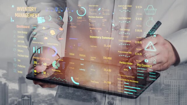 Inventory management dashboard showing supply chain performance, stock levels, order cycle times, cost reduction, and procurement ROI. Inventory tracking, and streamline warehouse efficiency. Thunk