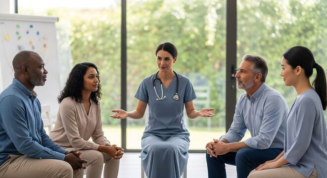 Group Therapy Session: Healthcare professional leads a group session with diverse patients, fostering an environment of open communication and support to promote mental wellness.