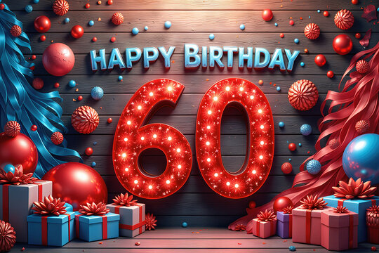 Greeting card for 60 years. Festive backdrop with red and blue decorations, balloons, and gifts for a 60th birthday celebration. - Powered by Adobe