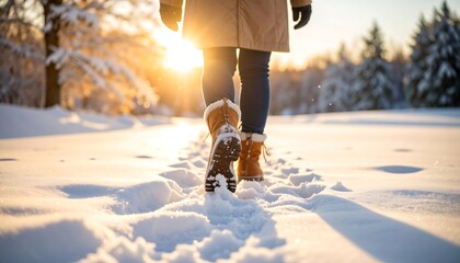 Woman Walking in Snow at Sunrise.