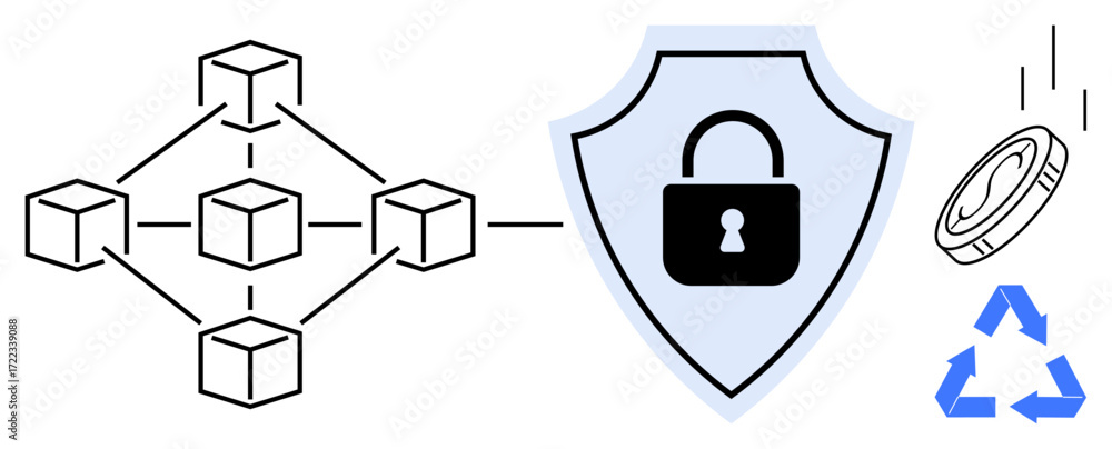 Aufkleber blockchain network with interconnected nodes, padlock shield for security, coin with recycling icon.