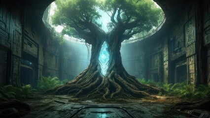 Tree growing in futuristic industrial structure