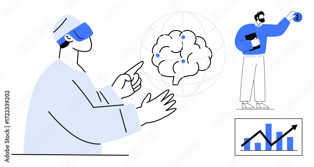 Poster man in vr headset interacting with ai brain, professional analyzing data and innovation, and perform