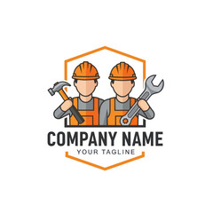 Professional Construction Team Logo with Hammer and Wrench in Hexagonal Frame, White Background Vector Illustration, Flat Vector Elements, Vector Illustration, Simple Vector, Stylized Vector Drawing,
