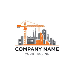 Obraz premium Modern Construction Company Logo with Crane and Cityscape Silhouette on White Background, Flat Vector Elements, Vector Illustration, Simple Vector, Stylized Vector Drawing, Vector Template, Clean
