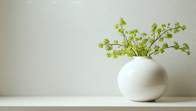 A simple arrangement of bright green spring branches in a round, white vase sits on a white shelf against a light grey wall
