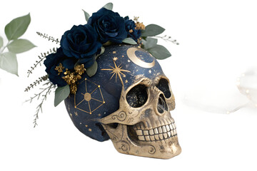 A mystical human skull adorned with night blooming flowers, vector art, illustration art 