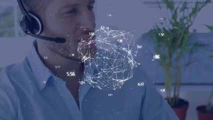 Tech support agent typing and displaying network sphere then donning headset and speaking in call - Powered by Adobe