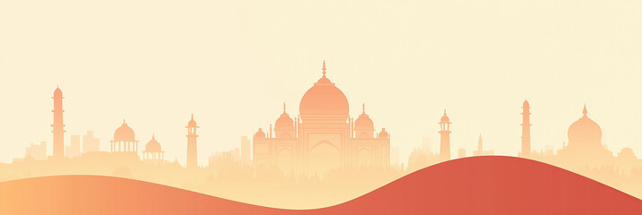 Minimalist Indian temple silhouette with domes and towers at the horizon, surrounded by layered hills in warm golden tones. Calm abstract rectangular composition inspired by culture, travel, heritage.