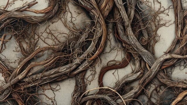 Intricate network of dry gnarled vines and roots creating a complex organic texture against a textured neutral background