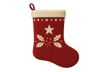 Red festive christmas stocking featuring holly berries, stars, and fluffy white cuff, celebrating holiday traditions with presents
