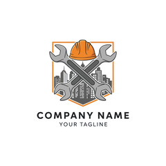 Modern Construction and Engineering Services Logo featuring Crossed Wrenches, Hard Hat, and City Skyline within a Hexagonal Shield on White Background, Flat Vector Elements, Vector Illustration,