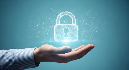 Digital security concept with glowing padlock over hand for data protection