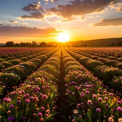 Sunrise over a vibrant flower field