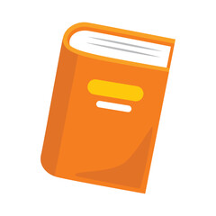 A stylized orange book with a yellow oval and white stripe