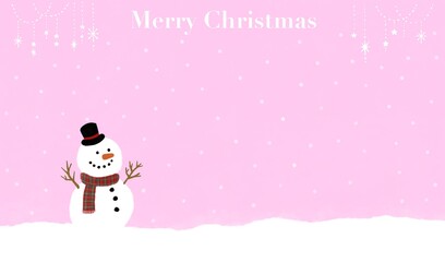 ピンク色の背景と雪景色と雪だるまのかわいいクリスマスカードテンプレート