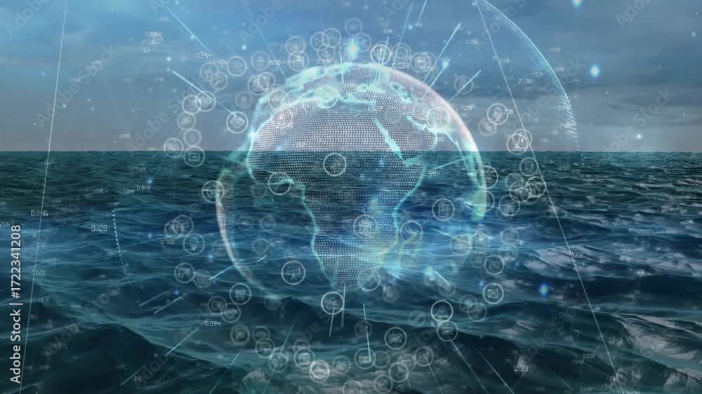 Aufkleber cloudy sky shifting over sea starting 3d globe emerging rotating pulsing nodes indicating data flow