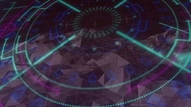 On launch, HUD overlay scanning terrain, sliding beams, swirling circuits, fading, revealing peaks