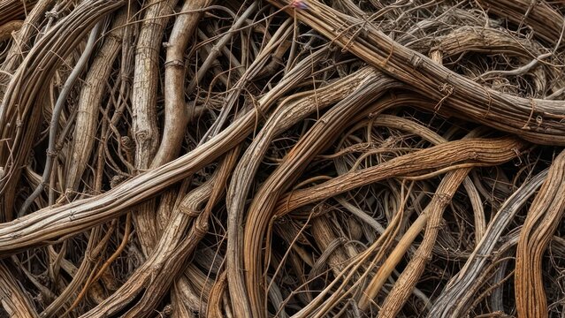 Intricate tangle of dried woody vines and branches creating a natural textured background with organic patterns and earthy tones