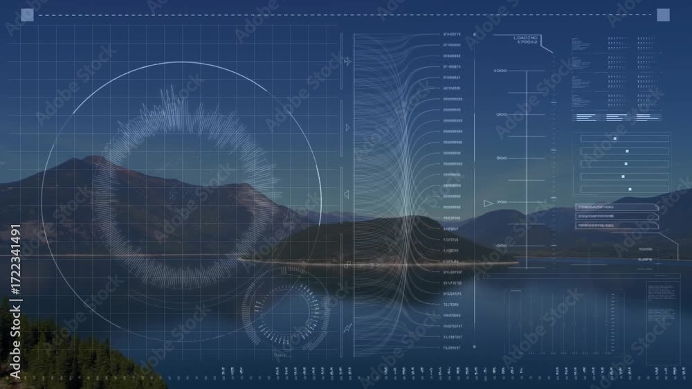 Poster hud overlay appearing over lake, waveform sweeping bars pulsing while gauge rotating for live data