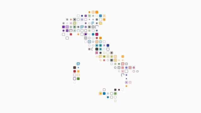 Italy map animation. Shape of the country with pulsating colored dots. Large size rounded square blocks. Digital style Italy map on white background. Plain video.