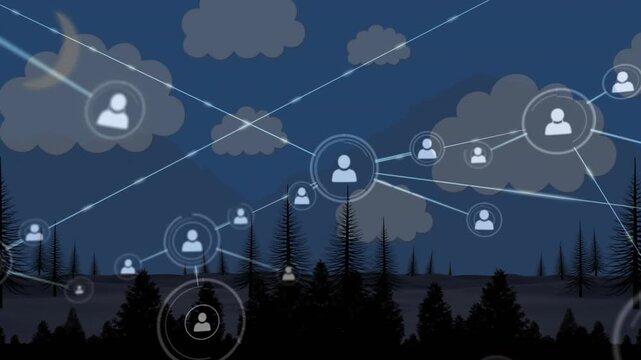Nighttime network expanding after light beam hitting node, user icons linking for network growth
